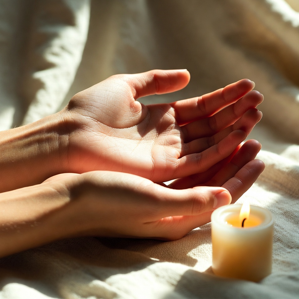 Relaxed open hands resting near a lit candle in warm sunlight