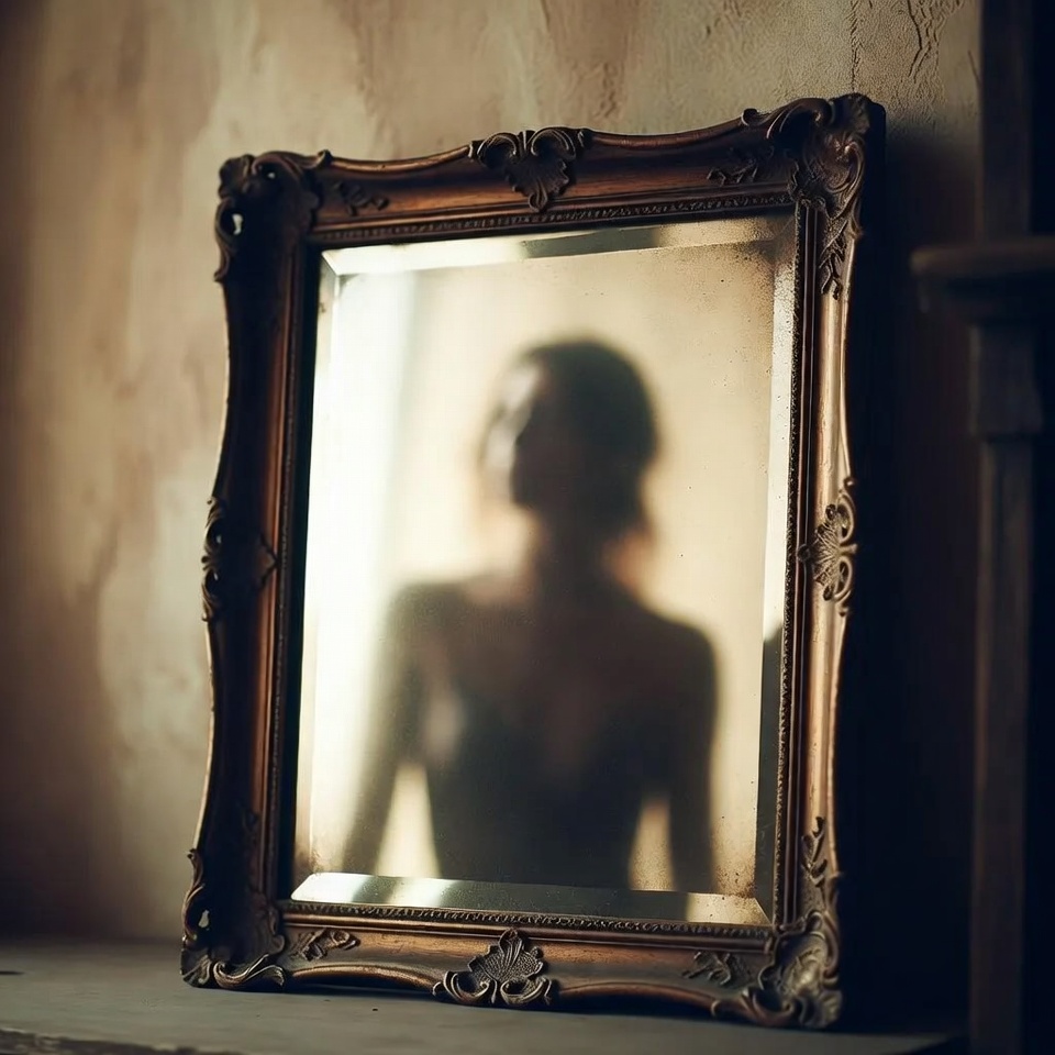 A vintage mirror reflecting a soft blurred silhouette