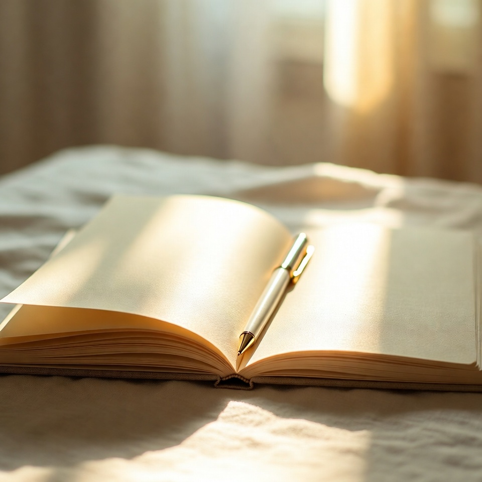 An open journal with a pen, in soft morning light